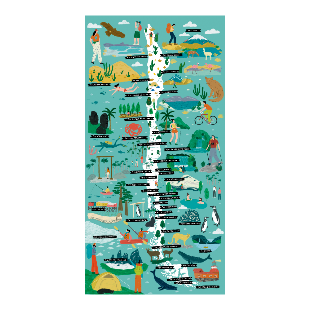 Póster/ Mapa Ilustrado Parques Nacionales de Chile 40x80