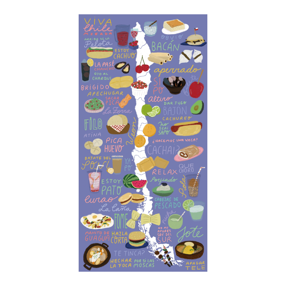 Póster/ Mapa Ilustrado Comidas, Bebidas y Frases de Chile 40x80