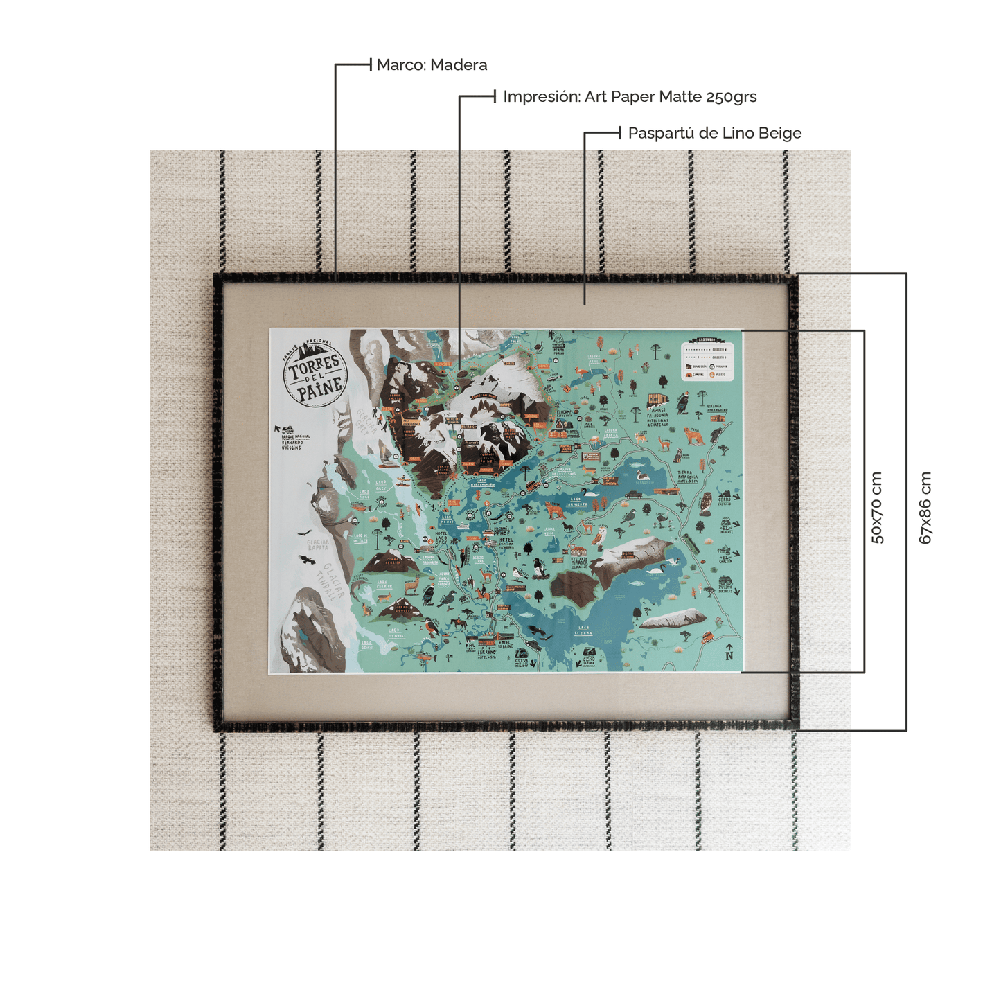 Cuadro Mapa Parque Nacional Torres del Paine | 67x86 cm