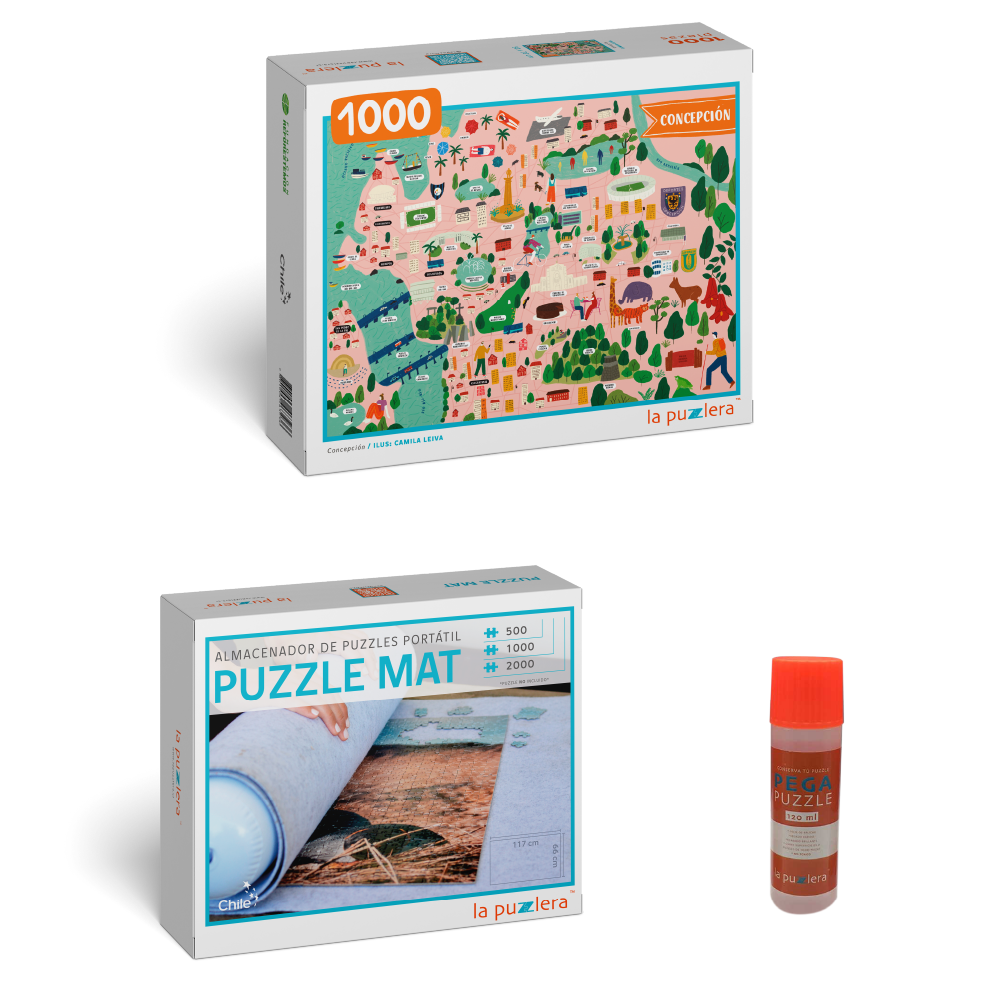 Pack Puzzle Ciudades de Chile 1000 + Puzzle Mat + Pega Puzzle