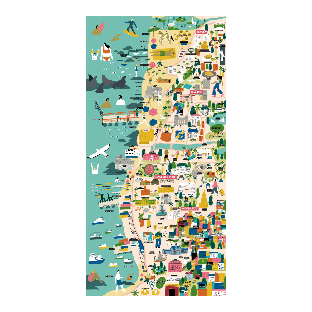 Póster/ Mapa Ilustrado Valparaíso/ Viña 40x80