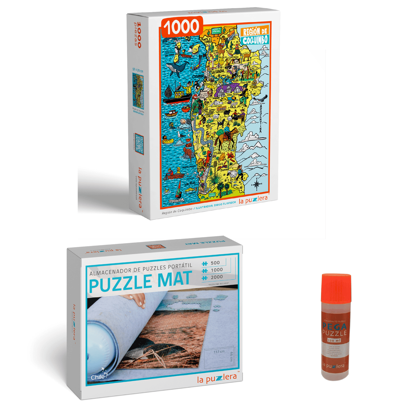 Pack Puzzle Regiones de Chile 1000 + Puzzle Mat + Pega Puzzle