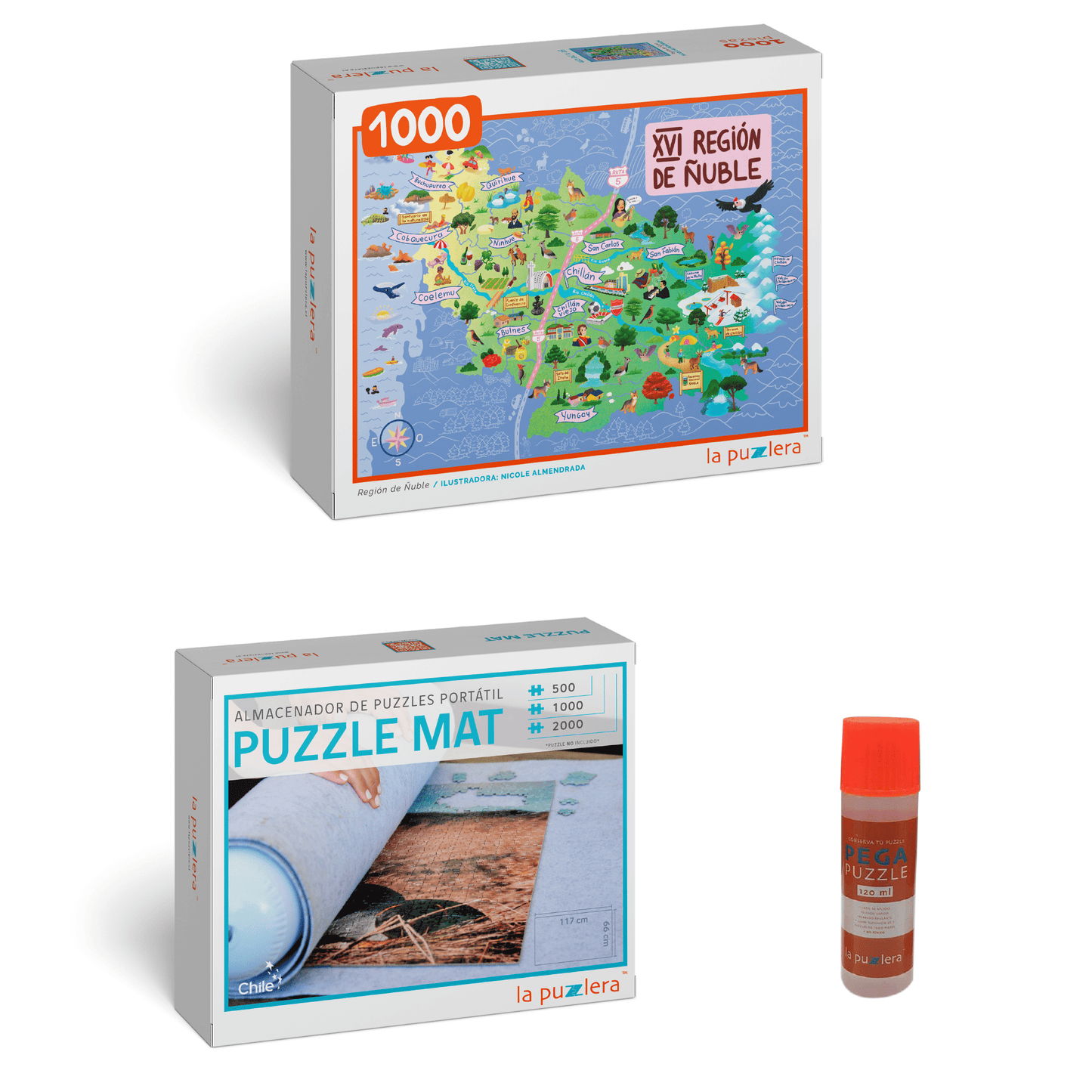 Pack Puzzle Regiones de Chile 1000 + Puzzle Mat + Pega Puzzle