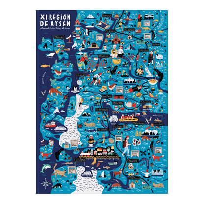 Póster/ Mapa Ilustrado Región de Aysén del General Carlos Ibáñez del Campo 50x70